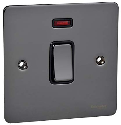 Schneider Electric Ultimate Flat Plate - Single Light Switch, with Neon Indicator, Double Pole, GU2211BBN, Black Nickel with Black Insert