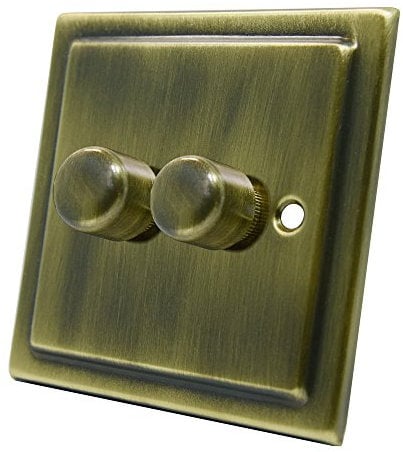AET VAB2GDIMLED Victorian Antique Brass 250W-10 Amp Double 2-Gang 2 Way 250W LED Light Dimmer Switch, 240 V
