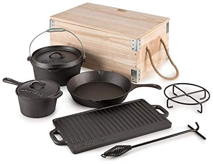 Klarstein Hotrod Masterplan juego de ollas de hierro fundido (juego de 7 piezas, para cocinar sobre fuego o parrilla barbacoa, cacerola, sartén, cazo, tapa, incluye caja transporte madera)