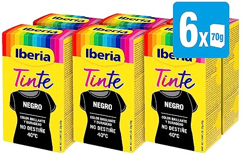 Iberia - Pack de 6, Tinte para Ropa Color Negro, Color Brillante y Duradero, No Destiñe, Incluye Cubeta con Fijador y Dos Sobres de Tinte, Apto para Teñir en Lavadora y a Mano - Pack 6 x 70 g