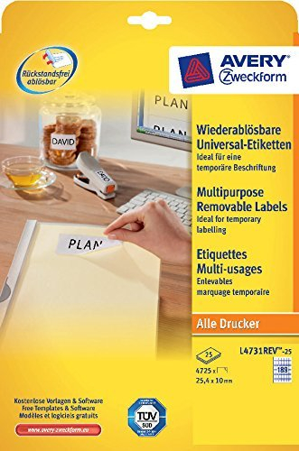 Avery Zweckform L4731REV-25 Universal-Etiketten, 25,4 x 10 mm, 25 Blatt/4.725 Etiketten, weiß (5er Spar-Pack)