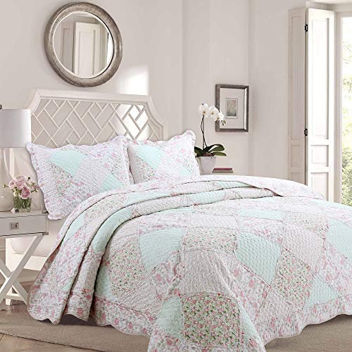 Cozy Line Home Fashions La Rosa Rêve Parure de lit 3 pièces avec couvre-lit réversible 100 % coton Motif floral Rose/vert