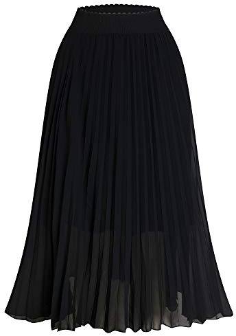 TEERFU Women's Casual High Waist A Line Pleated Midi Swing Skirt Stretch Waist Black M