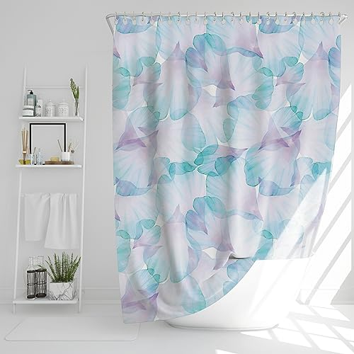 DROPHOP Blätter-Motiv Duschvorhang B x H: 180 x 200 cm Pastell lila-türkis Blumen aus wasserdichtem Polyester Textil, waschbar, Anti-schimmel, gewichteter Saum, inkl. Edelstahl-Haken