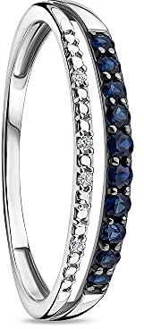 OROVI Gioielli in oro 9 carati (375) da donna 0.01 Ct diamante doppio petto anello oro bianco con una fila di 10 pietre preziose zaffiro blu e una fila di 4 diamanti brillanti anello eternità, Oro,