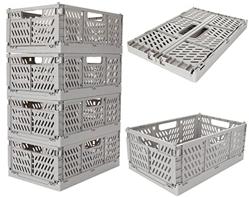 GOYADA 4 PCS Collapsible Crate, Plastic Folding Storage Crates, 30x20x12cm Small Stackable Storage Crates, Grey Plastic Folding Storage Baskets for Toy Kitchen Car Trunk Bedroom Office