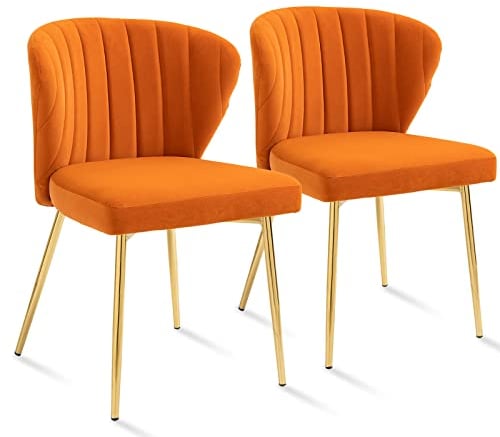 Sepnine® Esszimmerstühle Samt 2er Set, Moderner Küchenstuhl, Polsterstuhl Esszimmer, Ergonomischer Essstuhl mit goldenen Beinen für Wohnzimmer, Schlafzimmer, Küche (Orange)