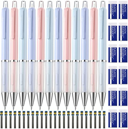Lot de 12 porte-mines de 3 couleurs, 24 tubes de recharge avec 12 gommes blanches pour dessin, écriture, dessiner, esquisse (0,5 mm)