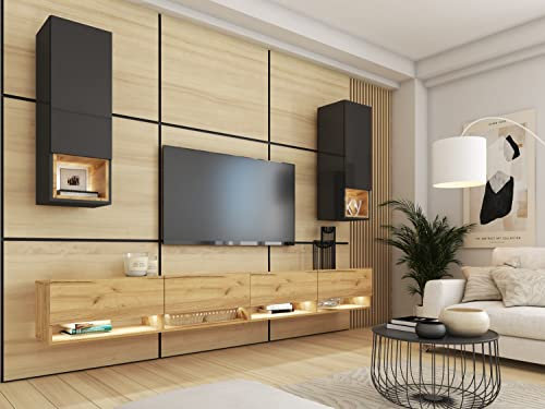 BROMARKT Premium Wohnwand Wohnzimmer Set 4 Teile - Wohnzimmer Schrank - Wohnzimmer Möbel mit Säule mit Regalen - Wohnwand Modern - Wohnzimmerschrank Komplett Möbel - Hochglanz Schwarz und Eiche Craft