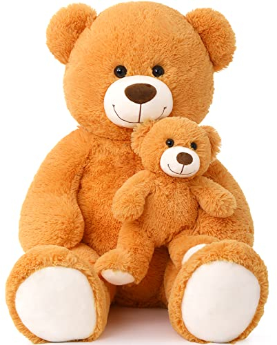 MorisMos groß Teddybär mit Baby, Flauschiger Riesen Teddy Kuscheltier XXL, Orange Teddy Bär Stofftier Plüschtier,Geschenk für Freundin,Mädchen