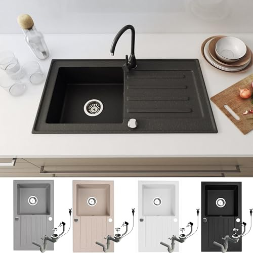 Faizee Möbel | Granitspülen Set 75x44 cm Schwarz | Beidseitig montierbare Küchenspüle mit Armatur & Siphon | Hochwertiges Granit Spülbecken | Kratzfest, hitzebeständig & langlebig