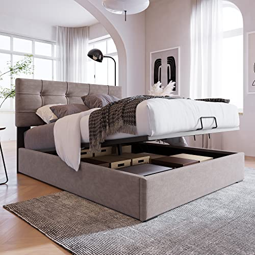 Oyemige Hydraulisch Polsterbett 90x200cm, Doppelbett Verstellbares Kopfteil, Stauraumbett mit Lattenrost aus Metallrahmen, Samt Modernes Bettgestell mit Stauraum, Hellgrau (Ohne Matratze) (90X200CM)