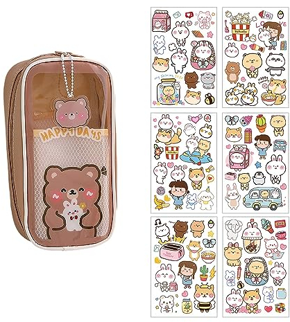 1 trousse à crayons de grande capacité, 6 autocollants de bricolage, sac de papeterie d'ours de bande dessinée, imperméable transparente, trousse scolaire, adaptée à l'étude et au travail