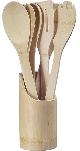 Westmark Utensilios de cocina – juego de utensilios de cocina compuesto por cuchara de cocina, cuchara para ensalada, espátula y pinzas, cubiertos incl. recipiente – bambú, 6 uds.