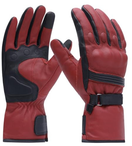 Harssidanzar Guantes de Moto Hombre, Cuero Genuino Masculino Pantalla táctil de Dedo Completo Forro Aislante de Calor Delgado Impermeable Guantes de Motocicleta KM048,OxbloodNegro,XL