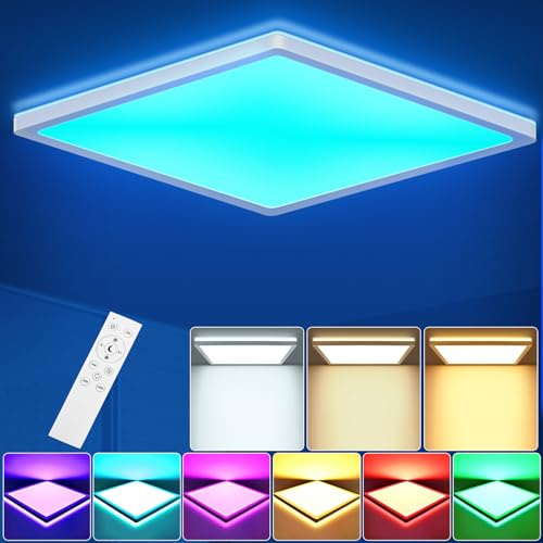 LEZOE Plafonnier LED RVB à intensité variable avec télécommande, 18 W 1800 lm Changement de couleur, 3000 K-6500 K IP54, panneau plat pour salle de bain, salon, chambre à coucher, chambre d'enfant