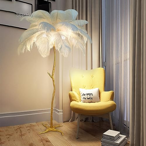 Federlampe Stehlampe Wohnzimmer,Feder Lampe mit Fußschalter,35 Stück Federn,170cm Straußenfeder Stehlampen aus Kunstharz,Standlampe Modern LED Stehlampe Dimmbar Gold Standleuchte Wohn/Schlafzimmer