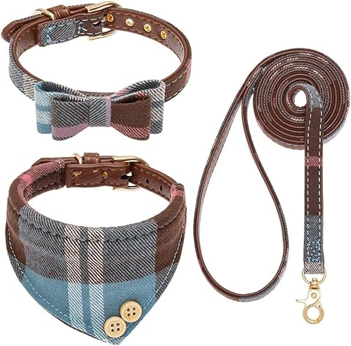 EXPAWLORER Hundehalsband und Leine, Set – klassisch, kariert, niedliche Fliege und Bandana-Halsband, kein Verheddern, verstellbares Welpenhalsband und Leine für kleine, mittelgroße und große Hunde,
