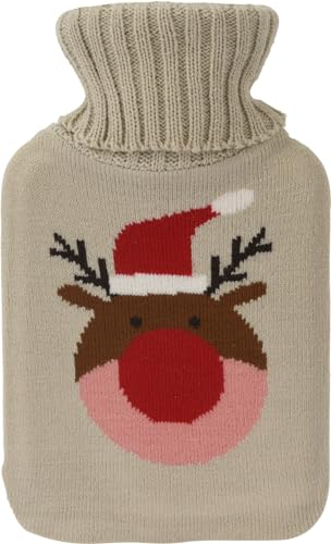 Wärmflasche Rentier, 1 L mit Strickbezug - Bettflasche Weihnachten, Wärmekissen