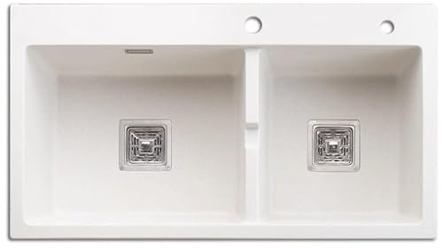 Fregadero de Cocina Blanco - Fregaderos de Cocina de Doble Cubeta - Fregadero de Cocina de Montaje Superior Blanco - Fregadero de Cocina de Cuarzo con Juego de Desagüe,79x45cm