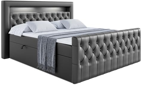 ALTDECOR Boxspringbett mit Matratze und Lattenrost, LED Boxbett, Topper, Fußteil, Polsterbett mit Bettkasten, Bett mit Stauraum H3-Matratze, Doppelbett - Aurora - 180x200 - Schwarz Kunstleder