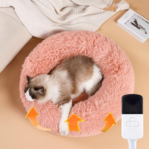 Beheiztes Katzenhaus Rundes, Flauschiges Katzen Donut Bett mit Elektrischer Heizung, Gemütliches Haustiernest aus Weichem Plüsch mit Rutschfester Unterseite, Automatische Abschaltung für Warme Katzen