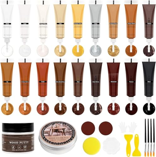 DEWEL Kit Riparazione in Laminato, Kit Riparazione Mobili in Legno, 18 Colori per Riparazione di Legno, 100g Stucco Legno Bianco, 100g Cera d'api - per Riparare Fori,Graffi,Crepe,Scolorimento