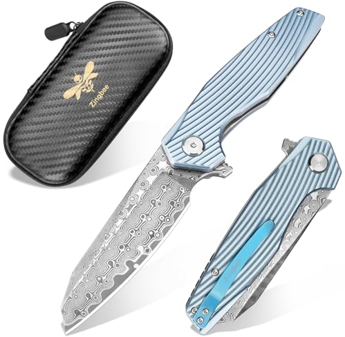 Zingbee Damast Taschenmesser Klappmesser, Hochwertig VG10 Damaststahl Klinge, EDC Einhandmesser für Outdoor Wandern Camping Sammeln Jagd, Aluminium Griff