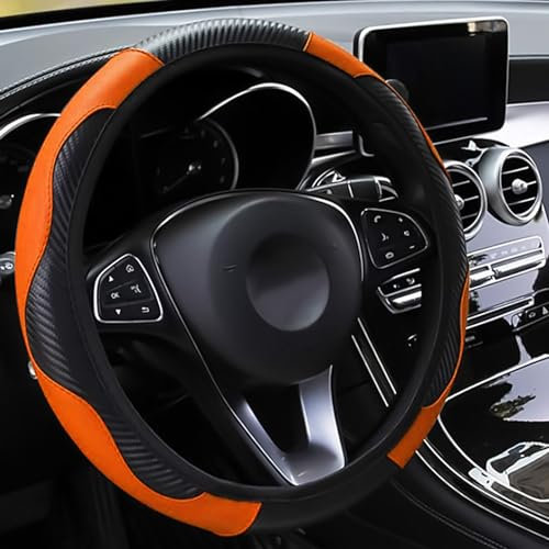 LMYDIDO Lenkradbezug Leder, Lenkradbezug Auto, Universal Lenkradbezug 37–39 cm, rutschfest, atmungsaktiv, Kohlefaser, Sport, elastisches Band ohne Innenring, Orange