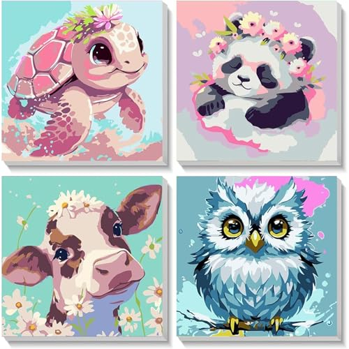 Pujeknm 4 Stück Tiere Malen Nach Zahlen ab 5 6 7 Jahre Mädchen mit Rahmen-Eule Kuh Schildkröten Panda Malen Nach Zahlen für Kinder Acrylfarben mit als Geschenk,Mittel 20x20cm(Süßes Tiere)