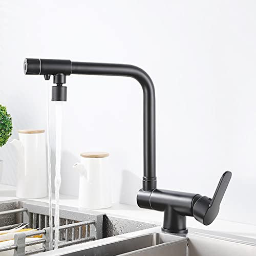 Grifo con filtro de agua de 3 vías, grifos de cocina para beber, caño doble plegable, grifo de cocina de 3 vías, caño giratorio de 360°, grifo de 3 vías negro, modo dual
