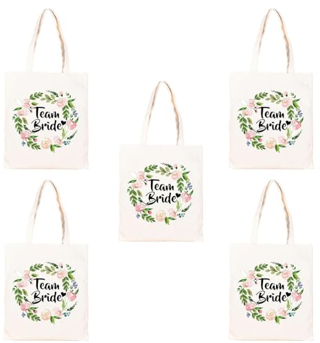 TRIXES 5er-Pack Team Bride Floral Canvas-Tragetasche – Essentials für die Hochzeit, den Junggesellinnenabschied, die Brautparty – 100% Baumwolle – 26 cm x 33 cm