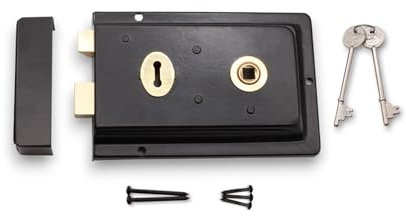 Infinity Decor Fluted Epoxy Black Rim Lock Latch Set – Traditional Iron Locks Security for Garden Gates and External Sheds Doors