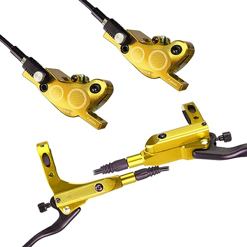 Hapihom Hydraulisches Scheibenbremsen-Set, 4-Kolben Fahrrad Hydraulische Scheibenbremse, Hydraulische Bremse Fahrrad aus Aluminiumlegierung, Fahrrad Scheibenbremse Set Vorne Und Hinten Gold