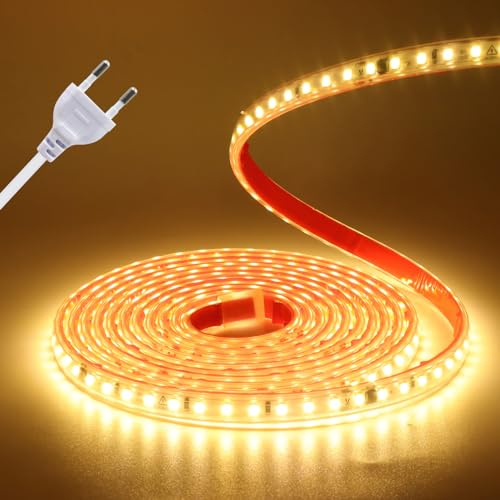KISUFU 220V LED Strip Light, 2835 SMD 120 LEDs/m Power Free IP65 Waterproof 10cm Cuttable Self-Adhesive LED Strip for Bedroom, Kitchen Outdoor Party DIY Decoration