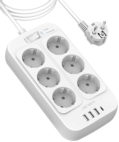 JSVER Multiprise 3M,Bloc Multiprise 6 Prises avec 4 Ports USB Chargeur (3 USB A+1 USB C) Prise Multi Parasurtenseur Parafoudre et Surtension avec Interrupteur pour Smartphone Tablette-Blanc
