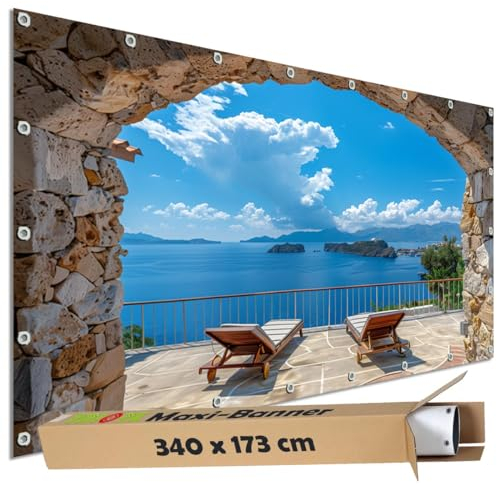 TRIOSK Große Motivplane Sichtschutz Zaunblende mit Motiv Balkon Liegestühle Meer Blick Motivbanner Garten Deko Plane Blickdicht für Zaun Terrasse Gartenzaun Zaunplane PVC 340x173 cm