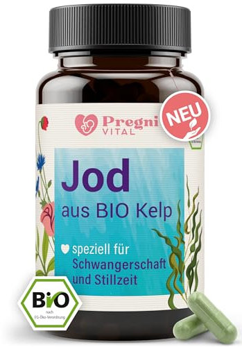 Bio Jod Tabletten - für Schwangerschaft & Stillzeit - 150 µg pro Kapsel - 100% vegan aus Kelp Algen - Jod Schwangerschaft für kognitive Funktion, Schilddrüsenunterfunktion - von PregniVital®