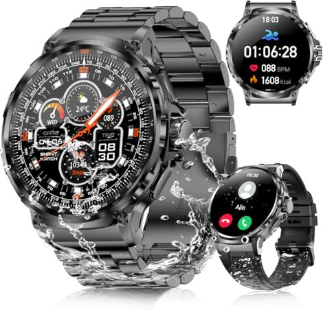 Rogbid Stahl Gear Smartwatch Herren mit Telefonfunktion Metallband 1,85 AMOLED IP68 Wasserdicht Militär Smart Watch Outdoor Uhren Herzfrequenz Schlafüberwachung 120+ Sportmodi Fitnessuhr für Android