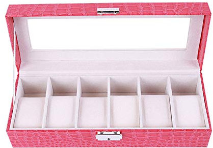 ZDHFFFUK Uhrenbox Rosa, Staubdichte Aufbewahrungsbox, Damenarmbanduhr-Displaybox, Fensterglas-Displaybox, Krokodilmuster, Damen