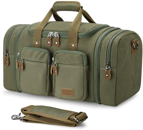 Gonex Canvas Reisetasche 50L Erweiterbar, Weekender Handgepäck | Spritzwasserfest, Nass‑Trocken‑Fachtasche, Koffergriff‑Hülse, Abnehmbarer Schultergurt, Rutschfeste Bodenpads, Olivgrün