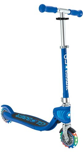 Globber Flow Junior Faltbarer Kinder-Kick-Scooter – sichere Fahrt für 3–5 Jahre alt, T-Bar, batteriefreie LED-Räder, 2 Räder, rutschfester Griff – 2 Jahre Garantie (Marineblau)