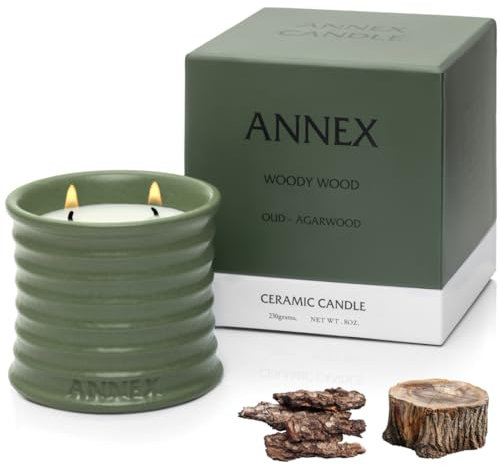 Annex Handgefertigte Keramikkerzen | Woody Wood - Oud & Agarwood Scented Sojawachs, ungiftig - 2 Baumwolldocht | Großes grünes Glas | Wiederverwendbar - Natürliche Aromatherapie Luxus Kerze für Frauen