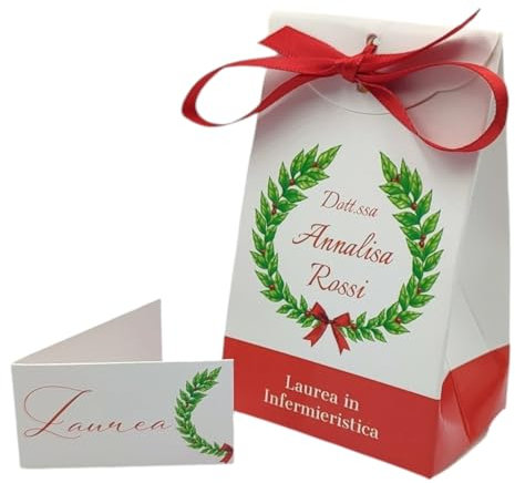 PV Grafik® Bomboniere Laurea Infermieristica Personalizzate 24+24 – Scatoline Confetti con Alloro, Nastro Rosso e Bigliettino Coordinato – Cartoncino Premium – Made in Italy (Nica L4)