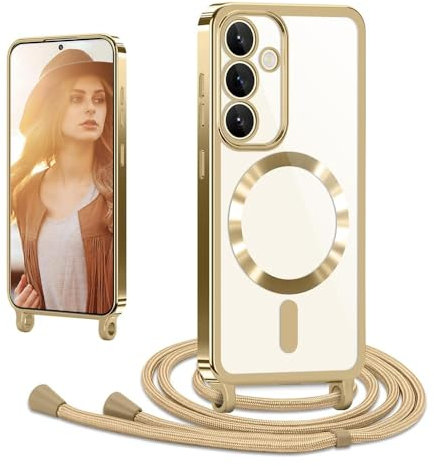 CaseLover Magnetische Handyband für Samsung Galaxy S25 5G Hülle mit Band, Klare Silikon Necklace Handyhülle mit Kordel zum Umhängen Stossfest mit Kameraschutz Bumper Handy Schutzhülle Case, Gold