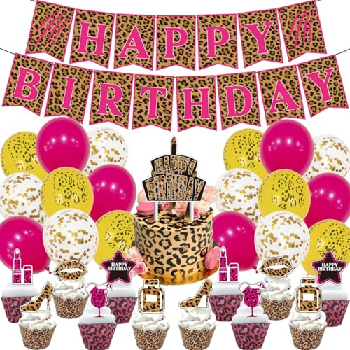 Leopard Geburtstag Deko,Doyomtoy Luftballons mit Leopard Happy Birthday Party Dekoration Cupcake Topper, Luftballon Dschungelsafari Geburtstag für Frauen Geburtstagsfeier 32 Stück