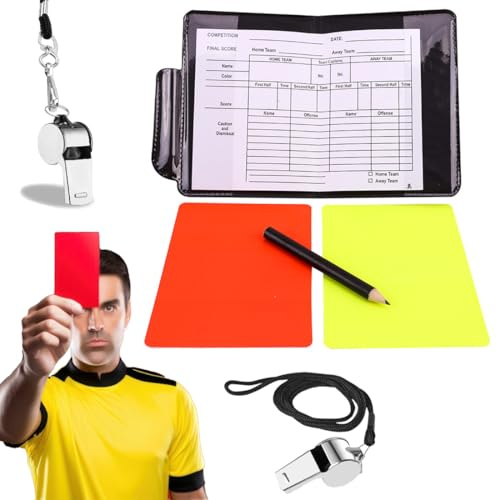 FENQURO Cartellini Arbitro Calcio Kit, 2 pcs Fischietti Arbitro in Metallo, Cartellini Rossi e Gialli con Fogli Portafogli, Set di Carte da Arbitro di Calcio con Matite per Gioco Calcio Scuola Sport