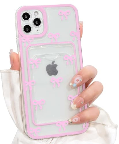 NITITOP Compatible with iPhone 11 Pro Case Clear Bow Wallet,Pink | for Women Girls, Cute Bowknor Ribbon Design, with Card Holder, Color Frame, Soft TPU Shockproof Cover, Full Camera Protection
