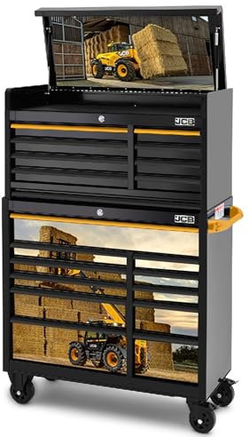 JCB 42’’ 11 Roller Cabinet and 8 Drawer Top Tool Chest Stack with Telehandler Loader Wrap