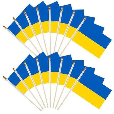 Kleine Ukraine-Flaggen auf Stab, Mini-Ukraine-Flaggen mit kindersicherer Speerspitze, 12,7 x 20,3 cm, Holzstange, ukrainischer Handstab für Dekorationen, Paraden, Partys, Nationalbanner